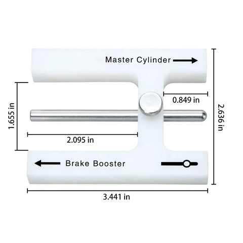 Brake booster adjustment tool with magnet design; white T-bar with metal rod and adjustable pins