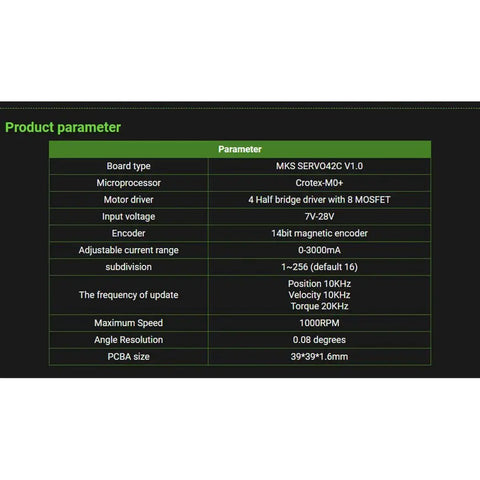 Product specifications for MKS SERVO42C V1.0 showing closed-loop NEMA17 stepper motor driver parameters for CNC machines and 3D printers