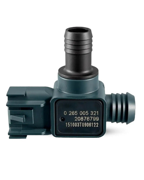 3-pin brake booster sensor, green plastic housing with ribbed hose barb, front view