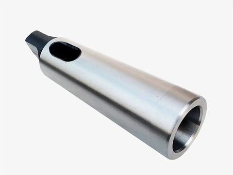MT3-MT4 Morse taper drill sleeve reducing adapter; silver metal cylinder with left taper, right bore, side oval opening.