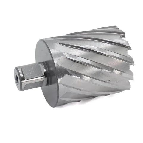 High Speed Two And One Eighth Inch Annular Cutter For Magnetic Drill Press With Two Inch Cutting Depth And Three Quarter Inch Weldon Shank Two Flat Pilot Pin And Thin Walled Dual Teeth Ten Times Faster Than Regular Drill Bits By OSCARBIDE front view showing spiral cutting edges