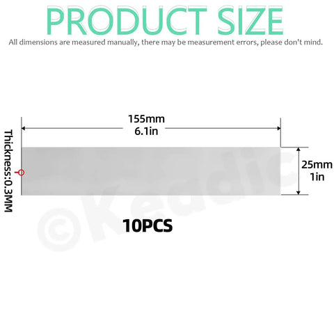 10 Piece Stainless Steel Shim Stock Set With 1 Inch Width And 6 Inch Length, 0.01 Inch Thick, illustrated size dimensions