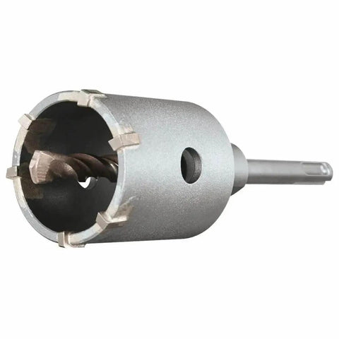 Close-up of a 1-3/16 In SDS-Plus Speedcore Thin-Wall Core Bit with integrated pilot bit and mandrel, pro grade tungsten carbide teeth.