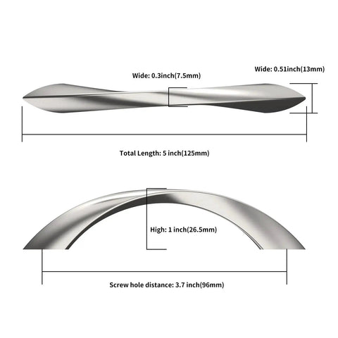 10 Pack 3.75 Inch Brushed Satin Nickel Cabinet Pulls Arch Twisted Design Zinc Alloy Kitchen Cabinet Handles with measurements diagram