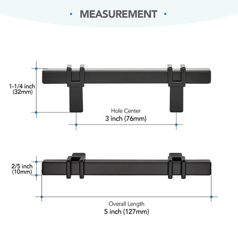 Measurements for Matte Black Cabinet Handles Set of 10 - 3 Inch Center Hole Zinc Alloy Square Bar Drawer Pulls for Kitchen Cabinets, 5 Inch Total Length