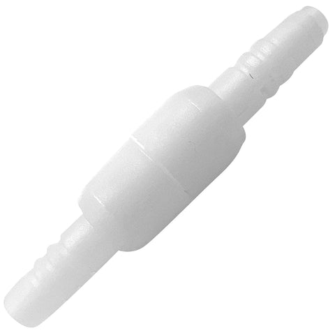 Oxygen tubing connector, white plastic with barbed ends for joining medical tubing.