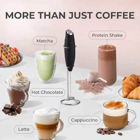 Automatic Milk Frother Wand For Lattes And Cappuccinos, Battery Operated Handheld Foam Maker surrounded by various drinks.