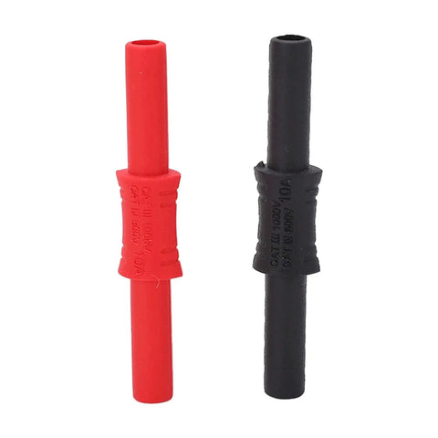 Banana connector pair: red and black insulated 4mm female-to-female connectors with PVC sleeves.
