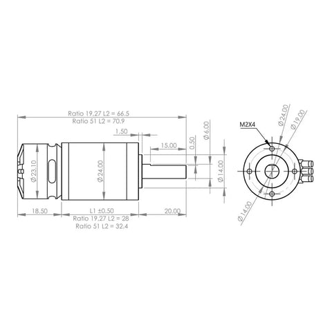 Technical diagram of Planetary Gear Brushless Outrunner Motor For Robotics And RC Builds With 24 Mm Gearbox And 6 Mm Shaft DC 15 V