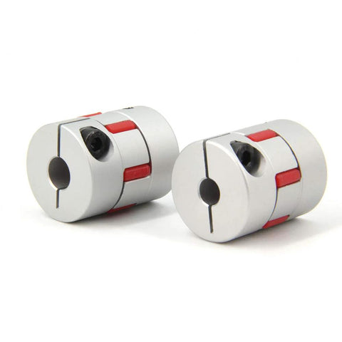 Two aluminium shaft couplers, 5x8mm to 8mm bore, 25mm diameter, 30mm length, silver with red clamp rings