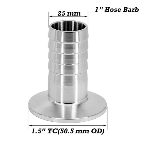 Beduan 1.5 in tri-clamp to 1 in hose barb stainless sanitary adapter, ferrule OD 50.5 mm.