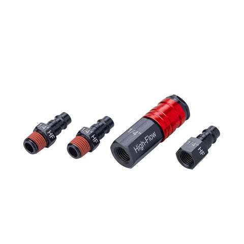 High Flow Aluminum Air Fittings Kit, Four Piece Set With One Quarter Inch NPT Threads, Big Bore For Maximum Airflow And Faster Tool Performance