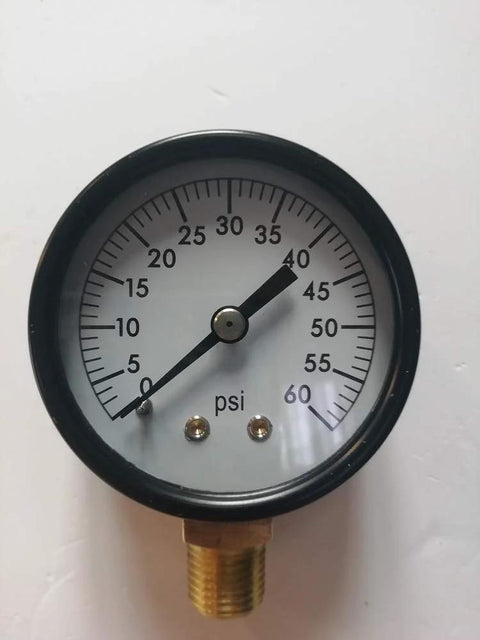 Aquatix Pro pool filter pressure gauge, 2-inch dial, 0–60 psi, bottom-mount brass fitting, white dial.