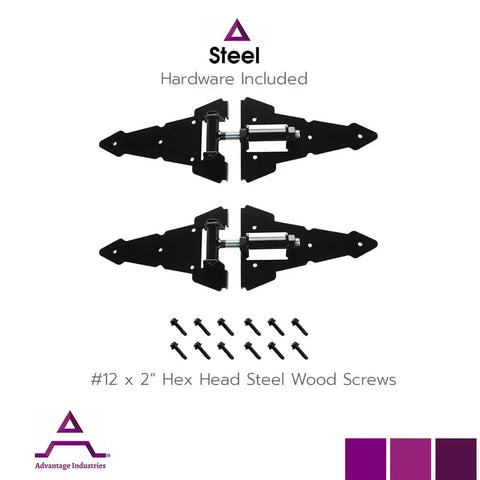 Heavy Duty Eight Inch Horizontal Self Closing Steel Strap Gate Hinge Pair For Wooden Fences Adjustable Zinc Plated Black Powder Coat Finish Built For Durability And Easy Install Advantage Industries with included hardware and screws