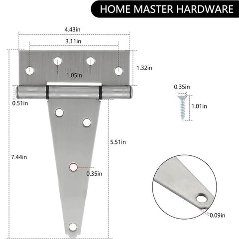 Home Master Hardware 6-inch stainless steel gate hinges, heavy-duty tee hinges for fences, screws included, 4-pack