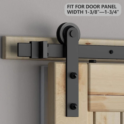 Sliding Barn Door Roller Hardware Set In Black For 1-3/8 To 1-3/4 Inch Doors installed on wooden door