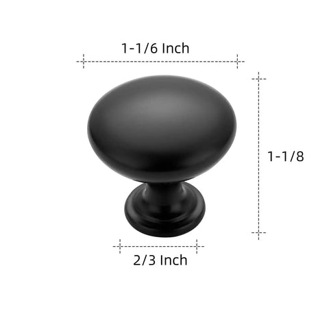 Matte Black Zinc Kitchen Cabinet Knobs And Drawer Pulls Set, 30 Pack, Euro Style Round Knobs, 1-1/6 Inch Diameter, side view
