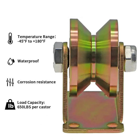 2 Inch V-Groove Wheel Sliding Gate Caster Set For Inverted V-Track And Rolling Gates, Heavy Duty Rigid Roller, side view.