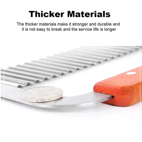 Close-up of Stainless Steel Wavy Crinkle Cutter For Potatoes And Vegetables 1 Piece Kitchen Tool with wood handle and thick blade