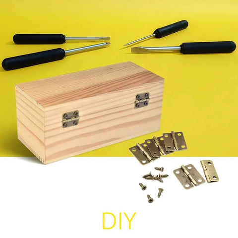 Antique Bronze Mini Hinges 25x19mm 50 Pack With 200 Matching Screws for Wooden Jewelry Boxes, shown with tools for DIY projects.