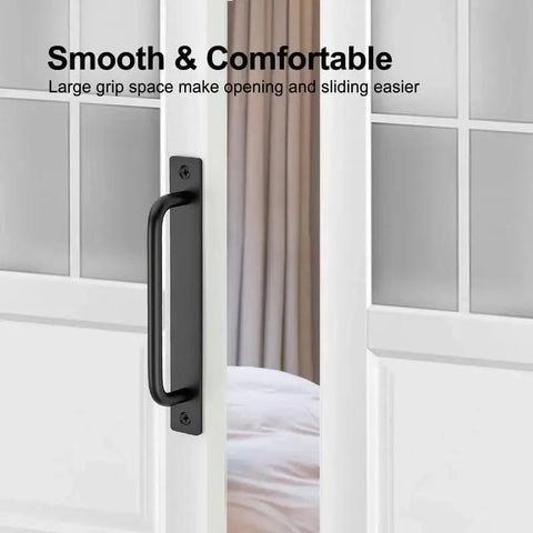 2 Pack Sliding Barn Door Handles Black Zinc Alloy Door Pulls With Plate 7.1 Inch Long 6.3 Inch Hole Center on white door