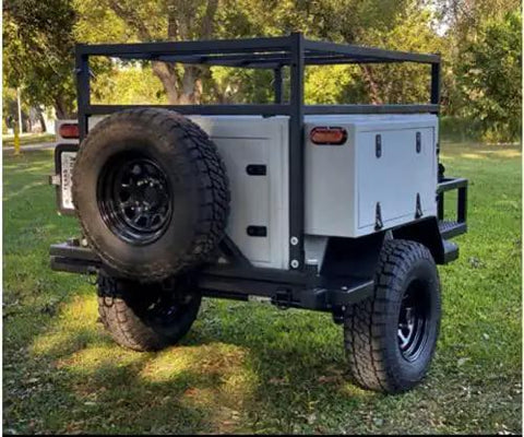 Rear view of trailer showing Two Piece Sealed Compression Latch Flush Mount Trigger Lever Locking Black on storage compartment.