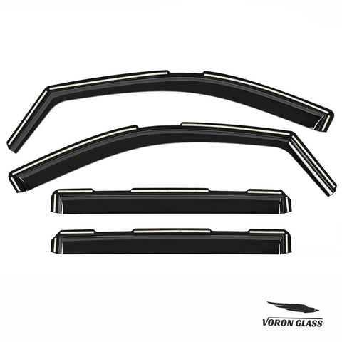 In Channel Rain Guards For Silverado 2500HD 3500HD Crew Cab 2020 Through 2026 Window Deflectors Vent Visors 4 Piece Polycarbonate Extra Durable Voron Glass set, shown from the front.