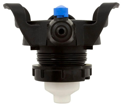 Front view of Waterway pressure relief valve assembly, Crystal Water color, black body with blue cap and white outlet