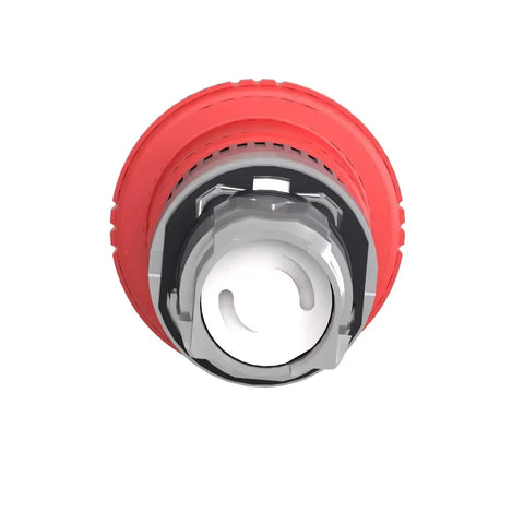 Top view of Harmony XB4 Emergency Stop Push Button Head Red Mushroom 40mm with Latching Turn to Release Chromium Plated Bezel