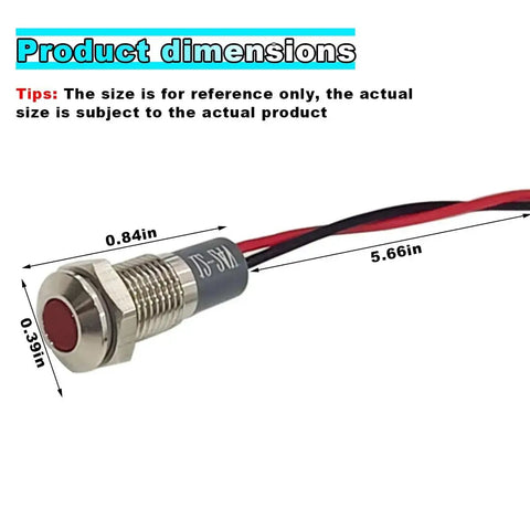 Dimensions of LED Signal Indicator Light 12V-24V AC DC Waterproof Panel Mount With Wire 8mm Hole for Cars Trucks Boats