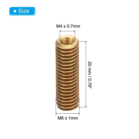 Brass threaded repair insert nut; 20 mm long, M6 external to M4 internal threads, slotted sleeve