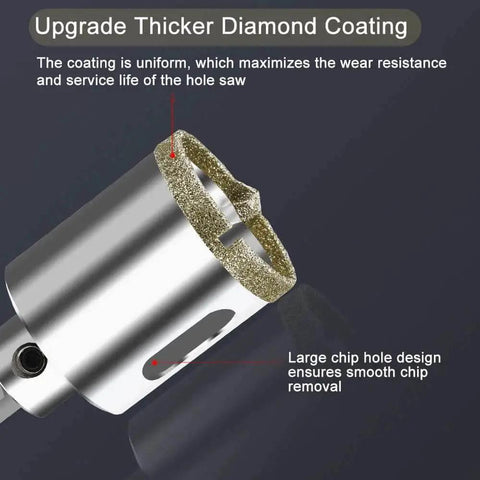 Close-up of pro grade two and a quarter inch diamond hole saw with pilot bit and diamond tip coating for glass ceramic marble