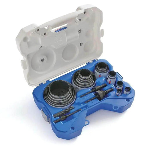 Bi Metal Speed Slot Hole Saw Kit With Quick Change Arbor For Faster Cuts And Deeper Reach Non Binding Coating T2 Technology Up To 2x Life 10 Percent Taller Than Prior Gen Lenox 26 Piece Bi Metal Hole Saw Set in open blue case