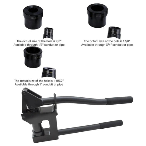 Manual Lever Sheet Metal Hole Punch Kit For 20Gauge Steel With 7/8 Inch, 1-1/8 Inch, And 1-11/32 Inch Dies, shown with black handles