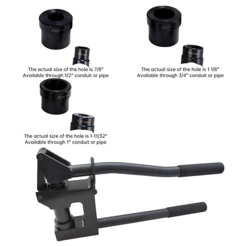 Workhorse Manual Metal Stud Punch Tool Kit With Dies For 20 Gauge Sheet Metal And Aluminum, showing handle and dies sizes 7/8 in, 1-1/8 in, 1-11/32 in.