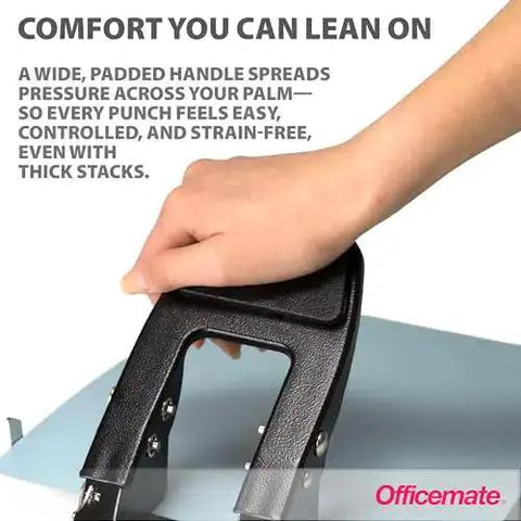 Hand using 2 Hole Padded Punch For Office Use, Medium Duty, 50 Sheet Capacity, Ergonomic Padded Handles, Adjustable Paper Guide