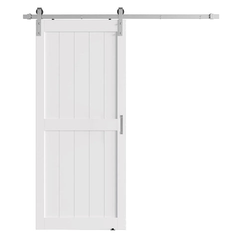 Front view of 40 x 84 Inch Solid Wood Paneled Sliding Barn Door With Brushed Nickel Hardware Kit, White Finish