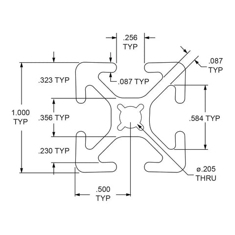 Technical drawing of 1 Inch By 1 Inch T Slot Aluminum Extrusion 10 Series 1010 for DIY Linear Rails and Framing, 89 Inch Length.