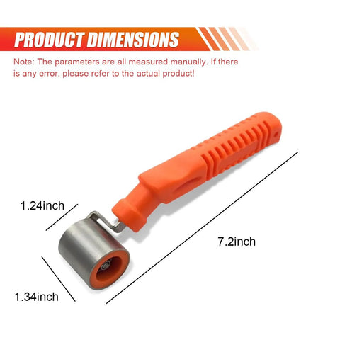 Car audio sound-deadening roller with orange anti-slip handle and stainless steel wheel, 7.2-inch length.
