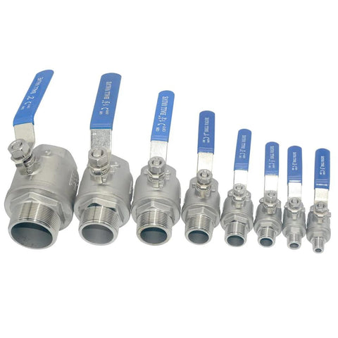 VARMHUS full-port ball valve set, stainless steel 304, blue handles, multiple sizes for water, oil, and gas.