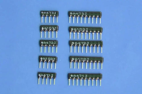 Thick-film resistor network kit, SIP-5/SIP-9 bussed type, 1/8W, 12-piece assortment of 470Ω, 1kΩ, 4.7kΩ, 10kΩ, 47kΩ.