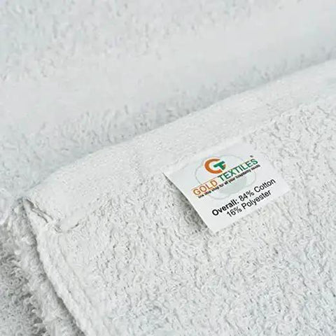 Close-up of White Shop Towels B Grade Rags 60 Pcs 20x40 Inches in a Box for industrial and commercial use showing fabric label.