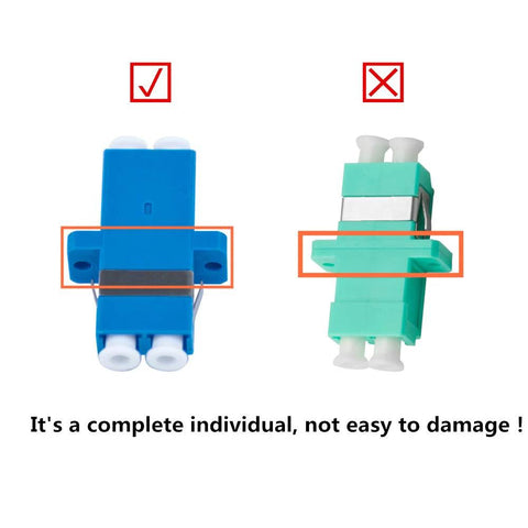 Two personal computer adapters: blue and teal plastic fiber-optic modules with white ferrules and orange highlight bars.