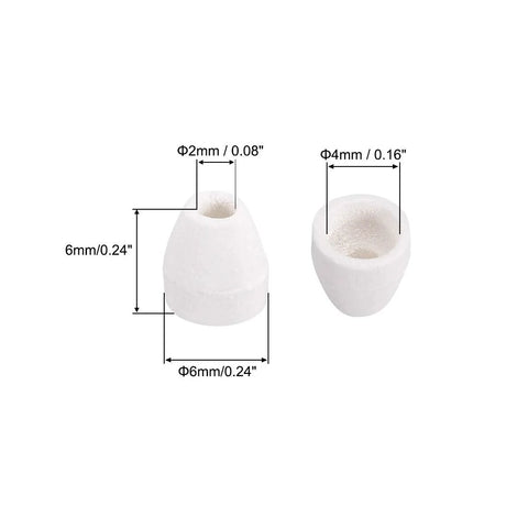 Two white ceramic insulator beads; tapered porcelain tubes, 6mm diameter x 6mm tall with 2mm through hole