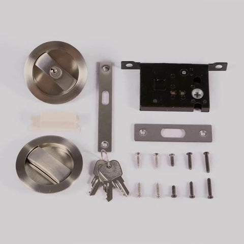 Invisible Barn Door Lock Set With Cup Handle And Keys in silver zinc alloy showing components including screws and keys.