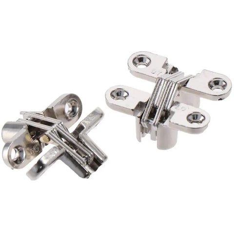 Hidden Cross Door Hinges 180 Degree Concealed Zinc Alloy 2 Pack For Doors And Cabinets Modern Style With Brushed Silver Finish No Visible Hardware Easy Install