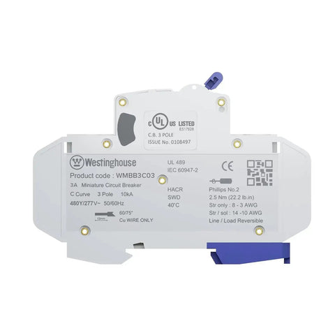 Back view of UL 489 AC Miniature Circuit Breaker 3 Amp 3 Pole C Curve For 480Y 277V AC 10kA SCCR Thermal Magnetic Trip DIN Rail Mount