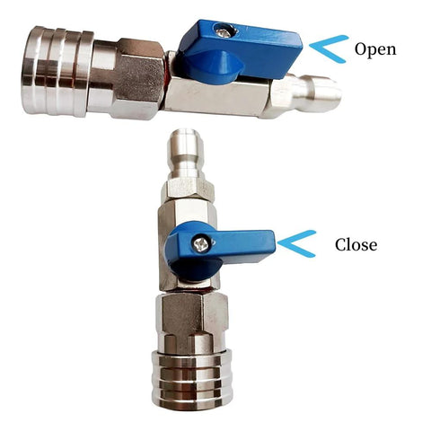 High pressure washer ball valve kit with stainless steel valve, blue lever, 3/8-inch quick-connect fittings.
