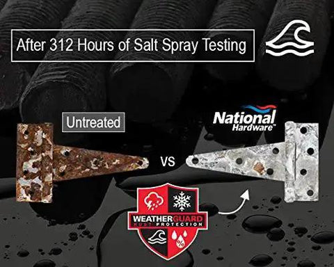 Image comparing untreated vs National Hardware galvanized metal after 312 hours of salt spray testing with rust protection icons