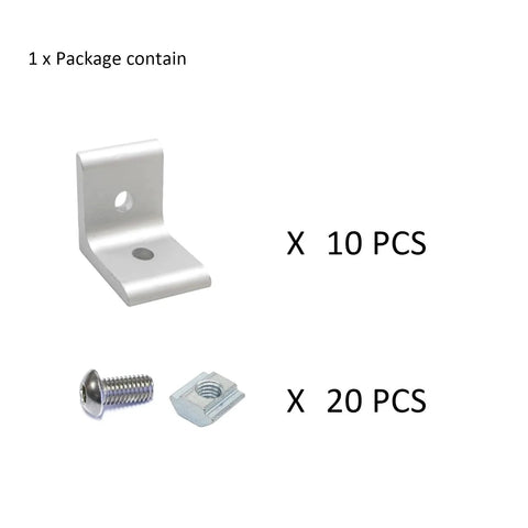 10 Set 1010 Series 1 Inch By 1 Inch Aluminium Extrusion Corner Bracket Connector Kit With M6 T Slot Nuts And Bolts package content